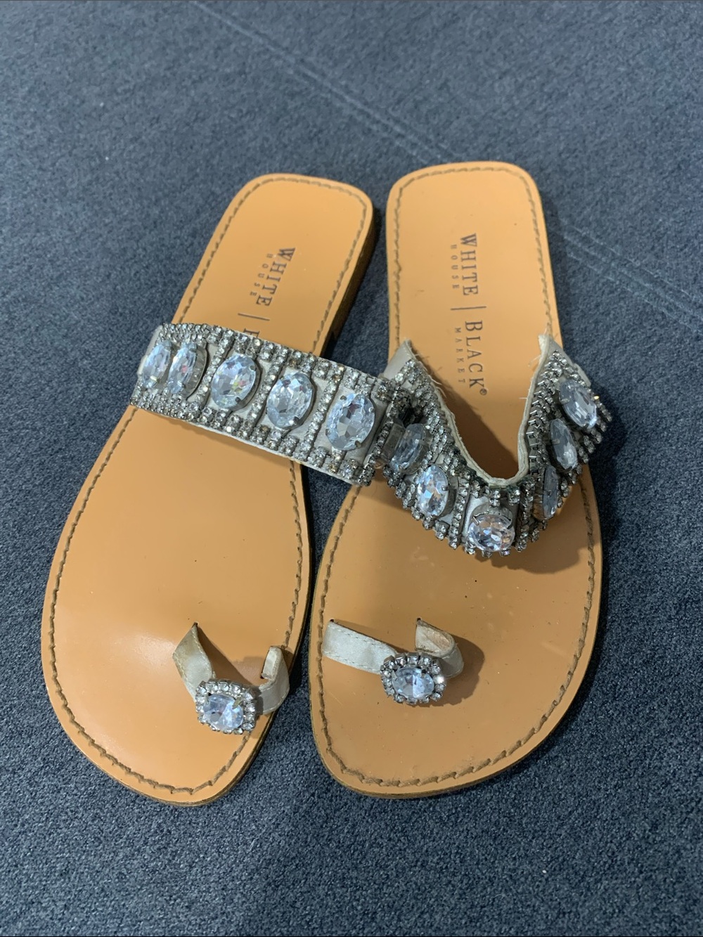 White House Black Market Tan Leather Crystal Toe-Post Slide Sandals